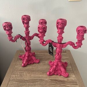 Martha Stewart Pink Halloween Taper Candle Holders Skull Skeletons NEW
